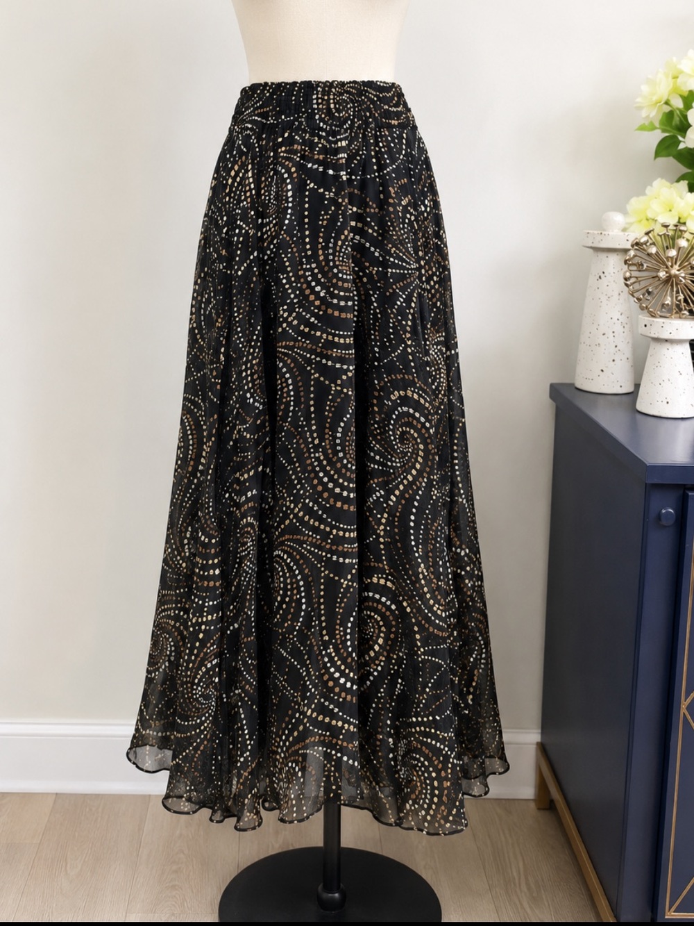 Diane Freis Original 1X Black Sheer Maxi Skirt Swirl Print Boho Flowy Plus Size